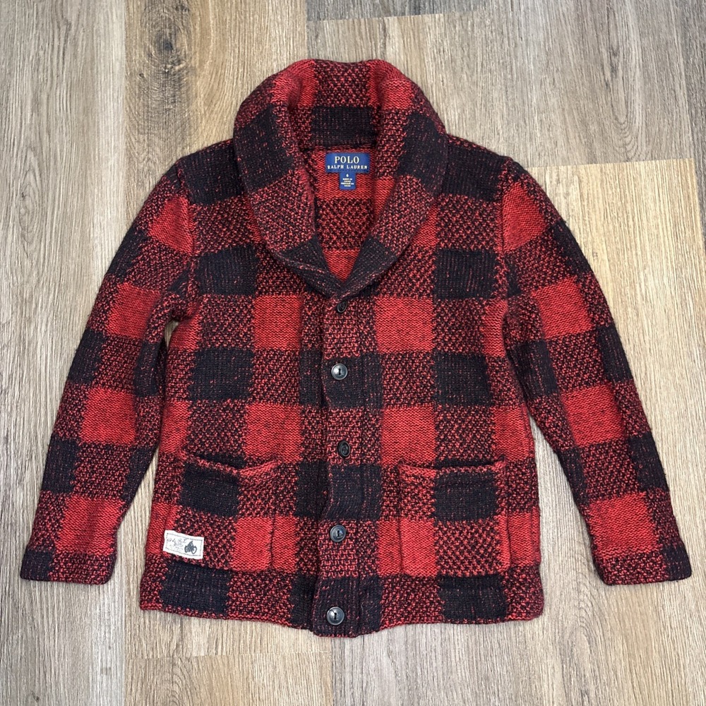 Polo Ralph Lauren Cardigan Boys 6 Red Black‎ Buffalo Plaid Sweater Wool Holiday
